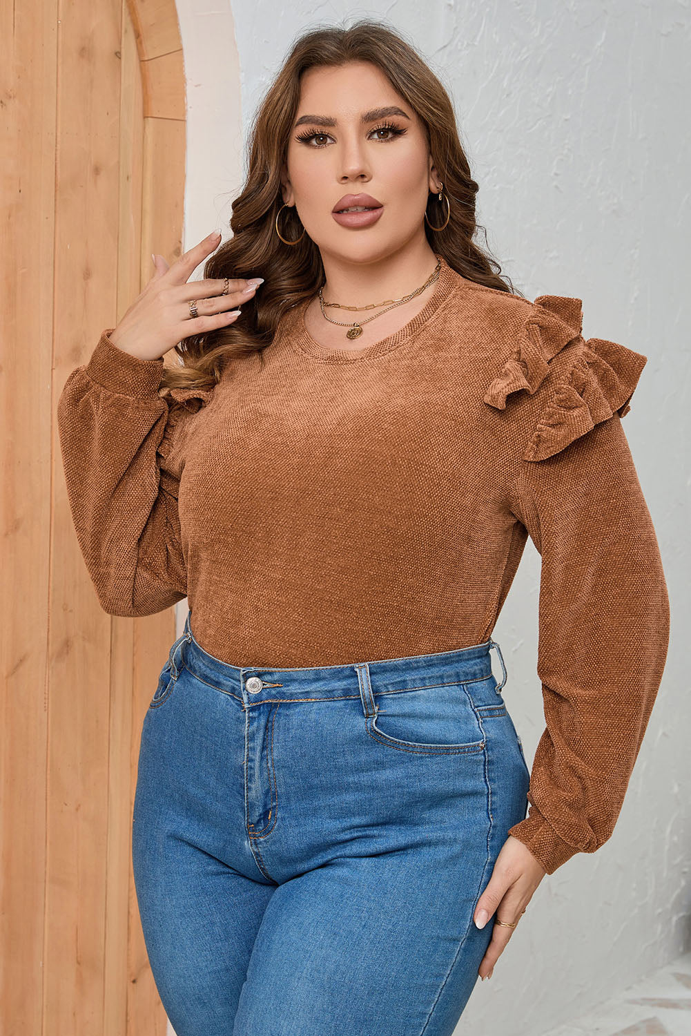 Plus Size Ruffled Round Neck Long Sleeve T-Shirt 