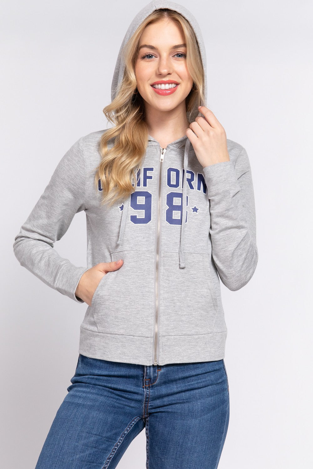 ACTIVE BASIC CALIFORNIA Zip Up Drawstring Long Sleeve Hoodie 