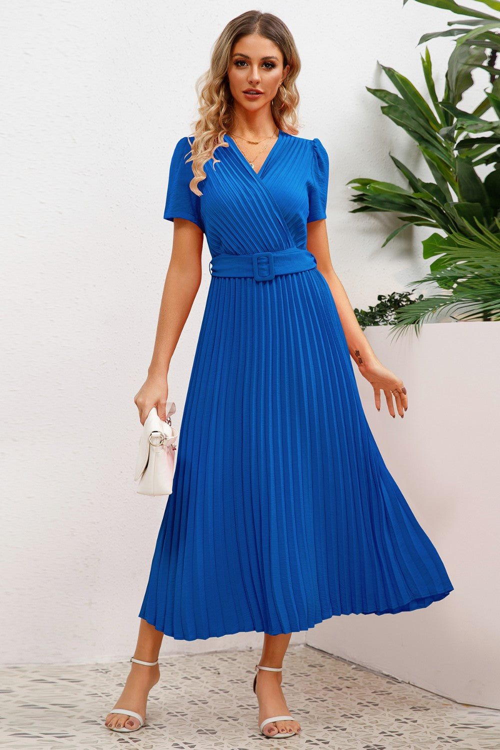 Pleated Surplice Short Sleeve Midi Dress 