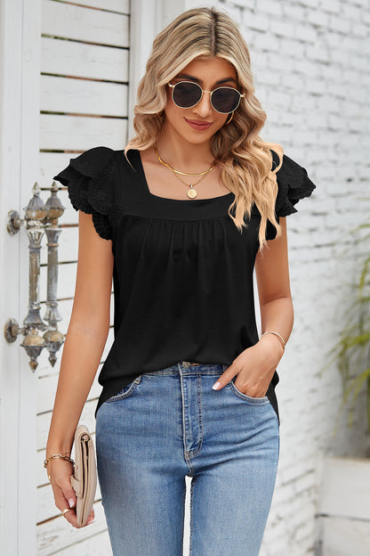 Eyelet Square Neck Cap Sleeve Blouse