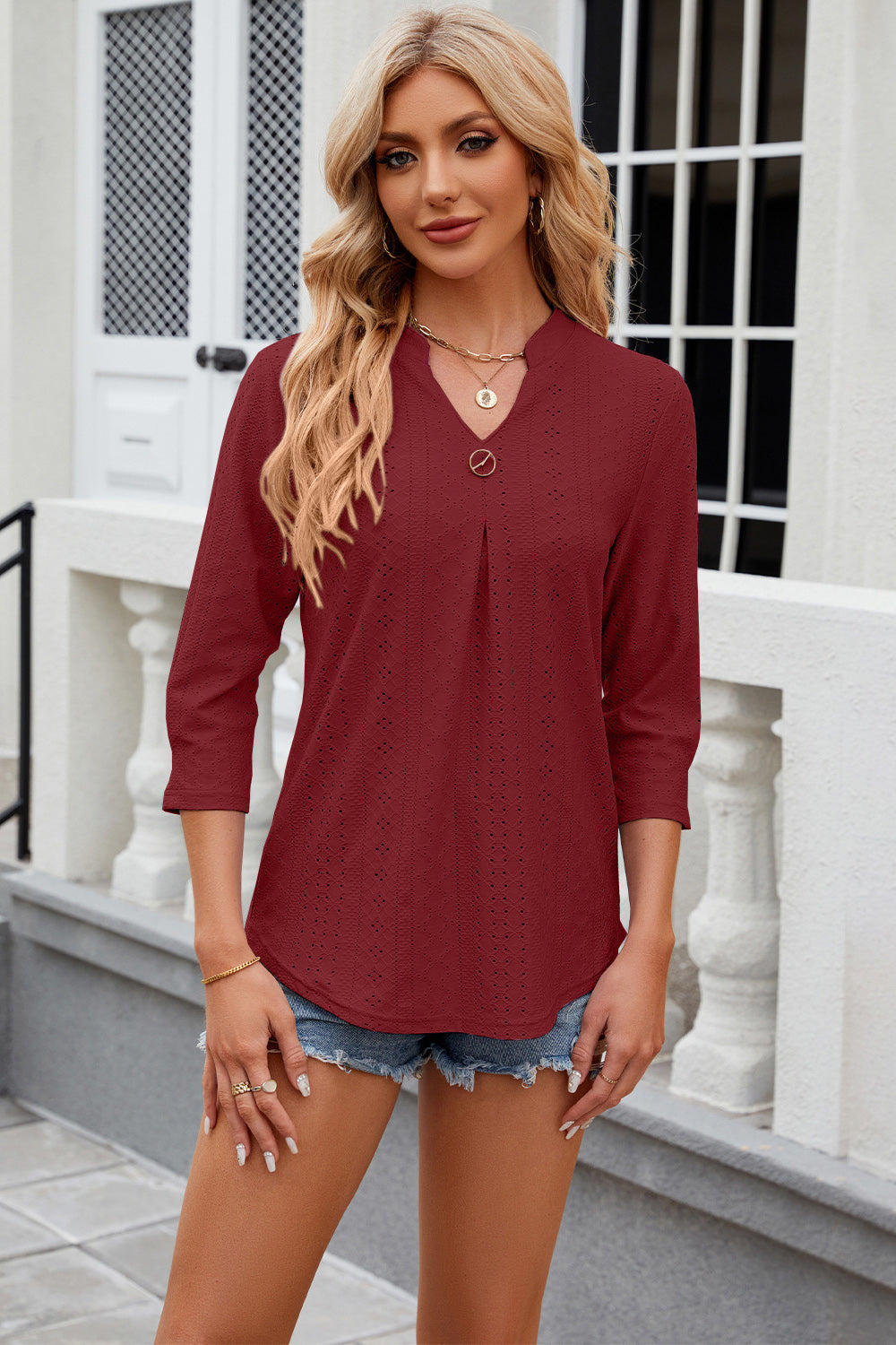 Eyelet Notched Knit Jacquard Top 