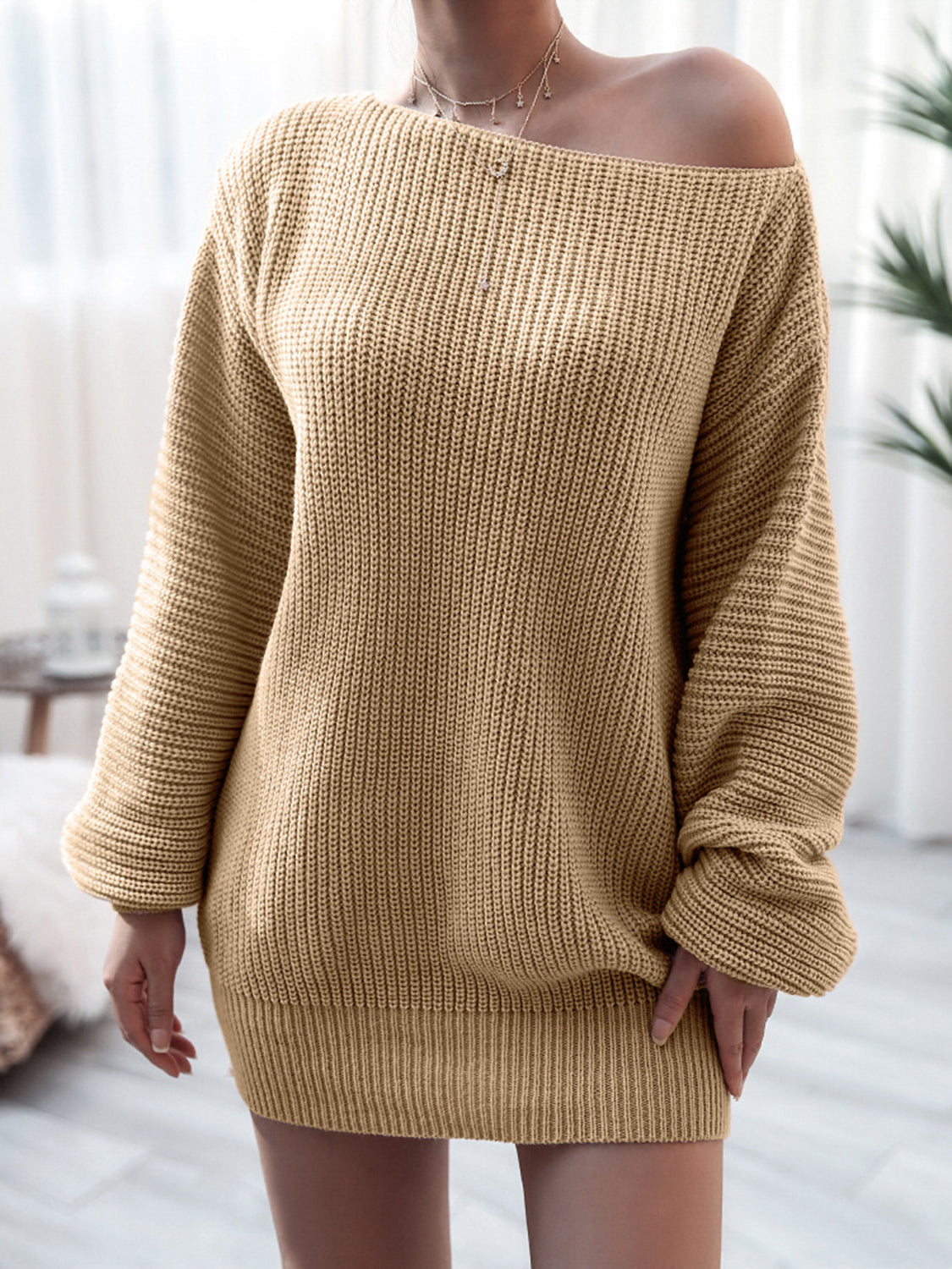 Rib-Knit Mini Sweater Dress 