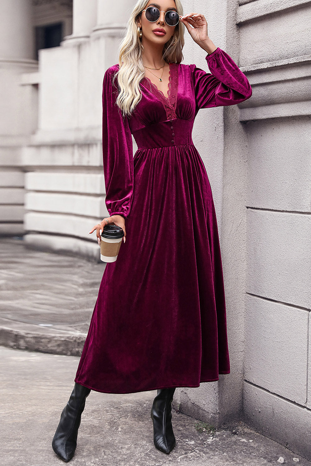 Lace Detail V-Neck Balloon Sleeve Midi Dress 