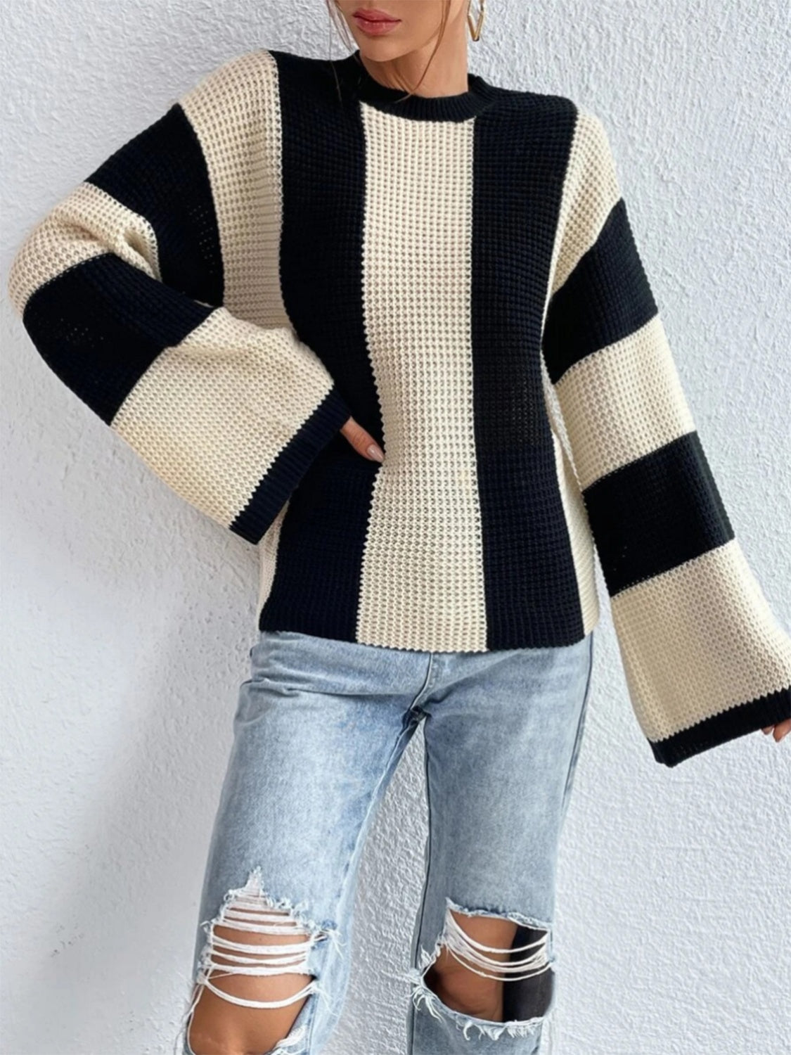 Striped Mock Neck Long Sleeve Sweater 