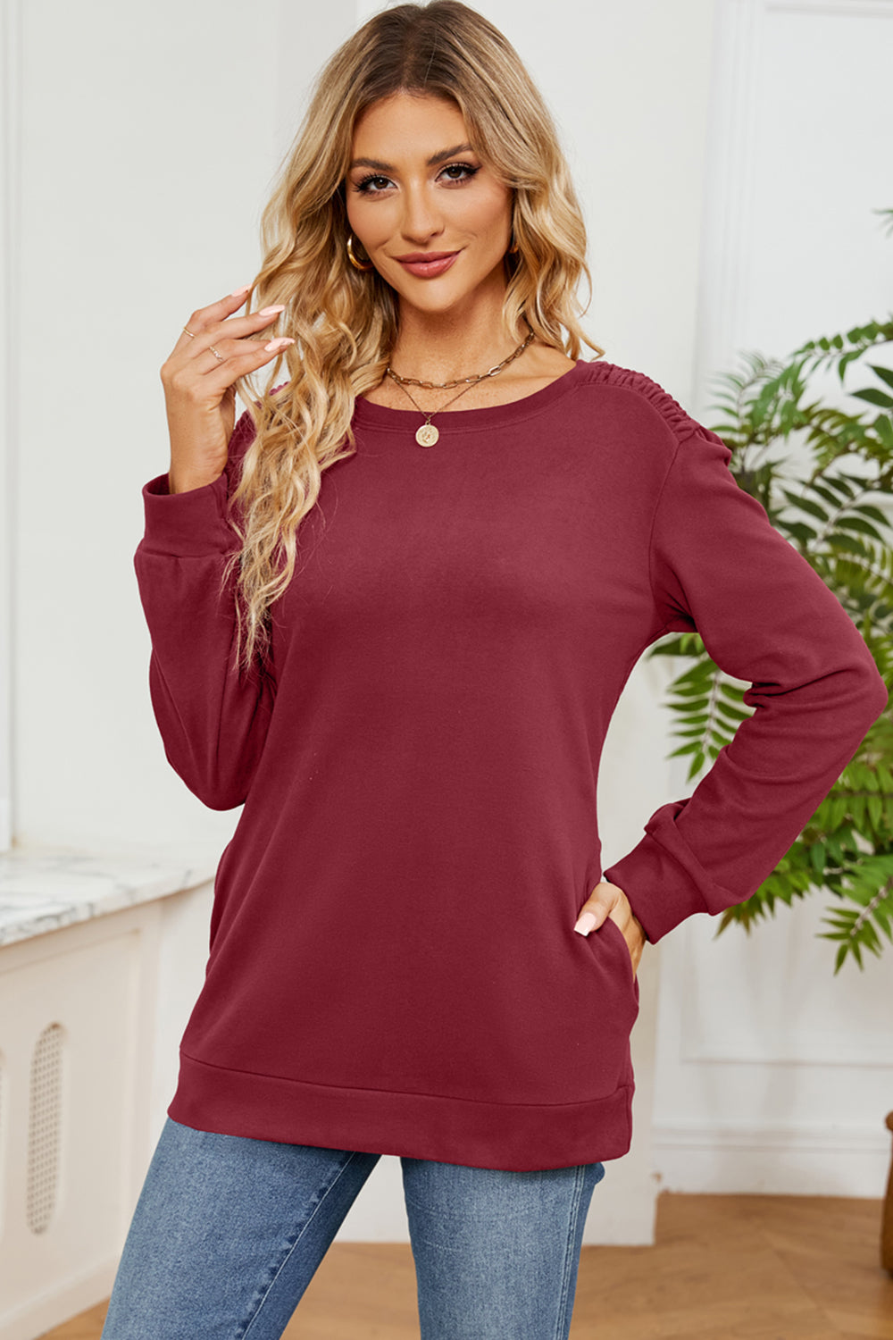 Ruched Round Neck Long Sleeve T-Shirt 