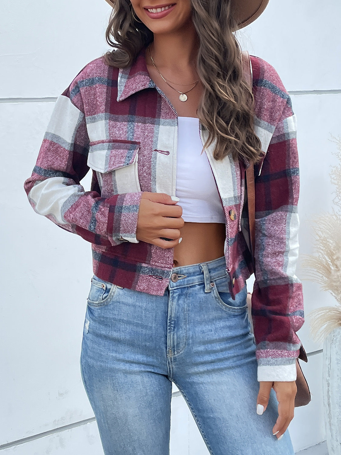 Plaid Button Up Drop Shoulder Cropped Jacket - Babbazon Jacket