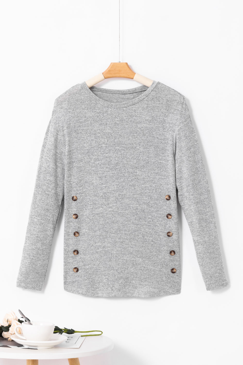 Decorative Button Round Neck Long Sleeve Top 