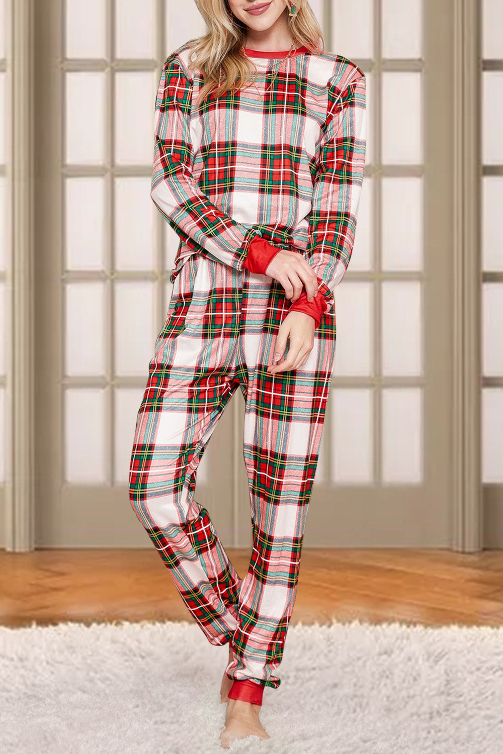 Plaid Round Neck Top and Pants Set 