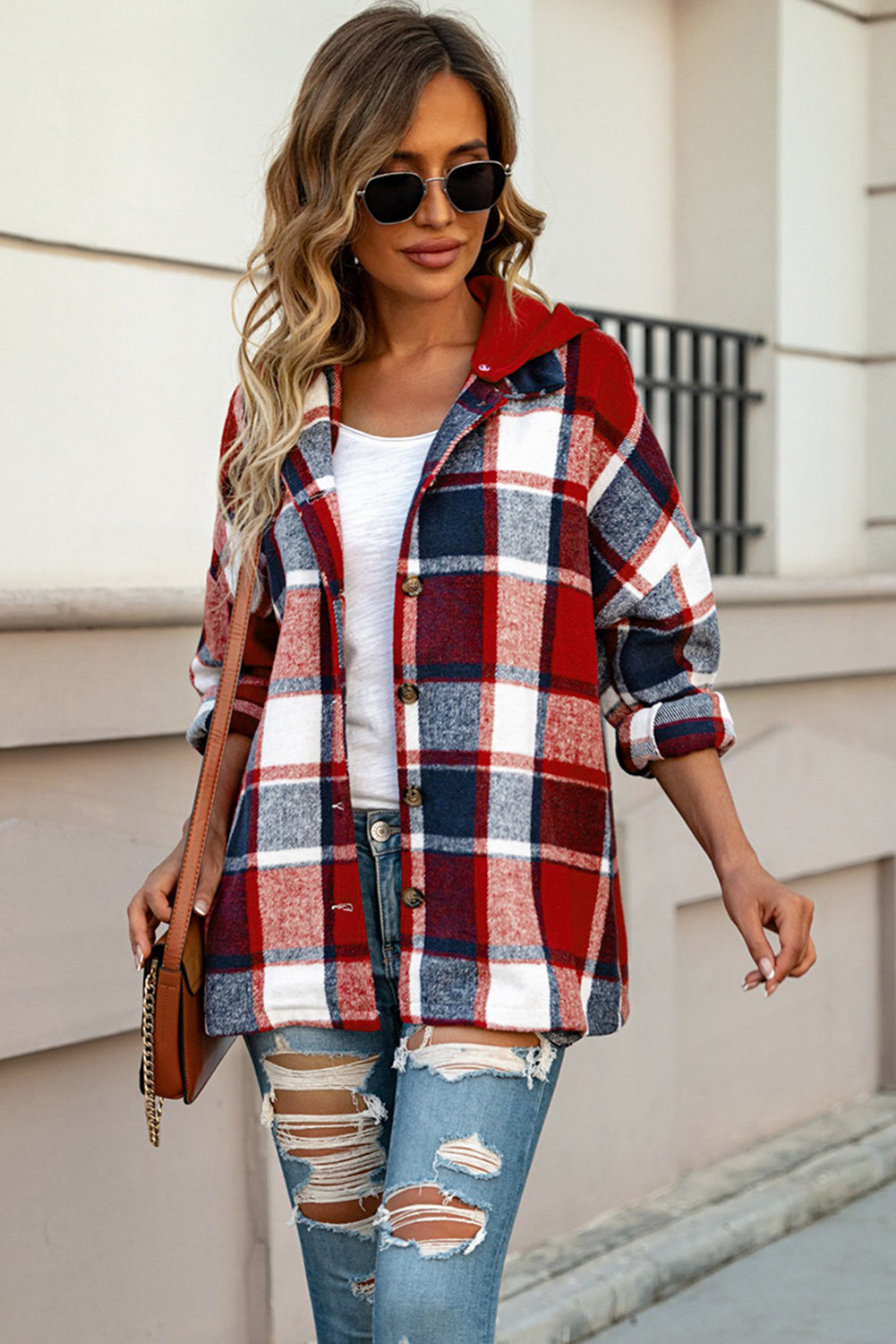 Button Up Plaid Hooded Jacket 