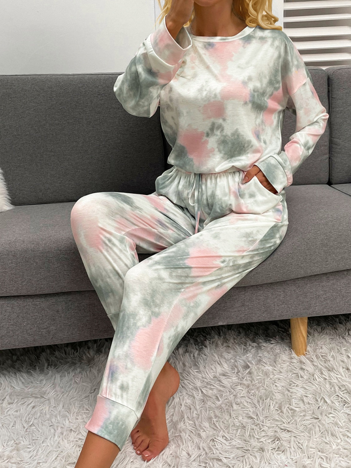 Tie-Dye Round Neck Top and Drawstring Pants Lounge Set 