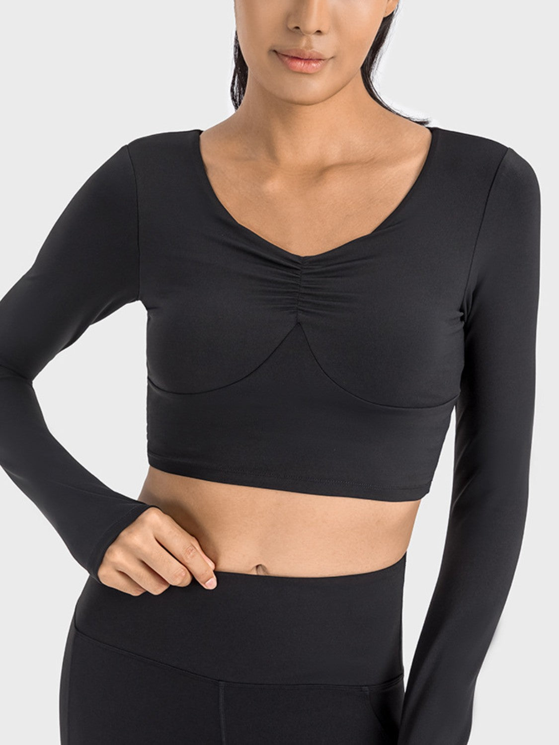 Ruched Cropped Long Sleeve Sports Top - Babbazon Tops