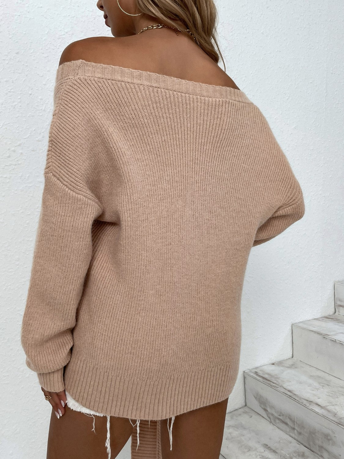 Ribbed Tied Off-Shoulder Sweater 