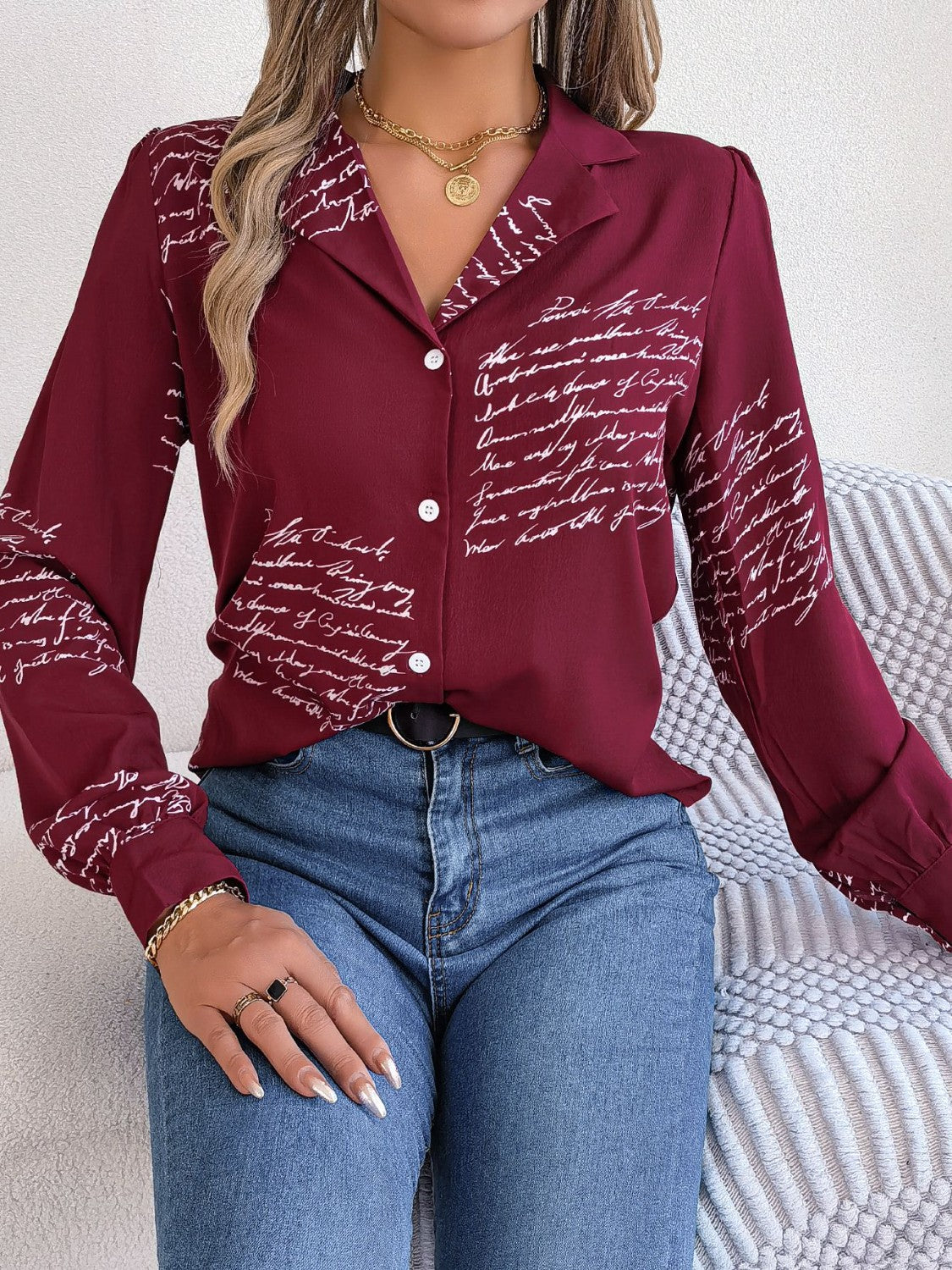 Letter Printed Button Up Long Sleeve Blouse 