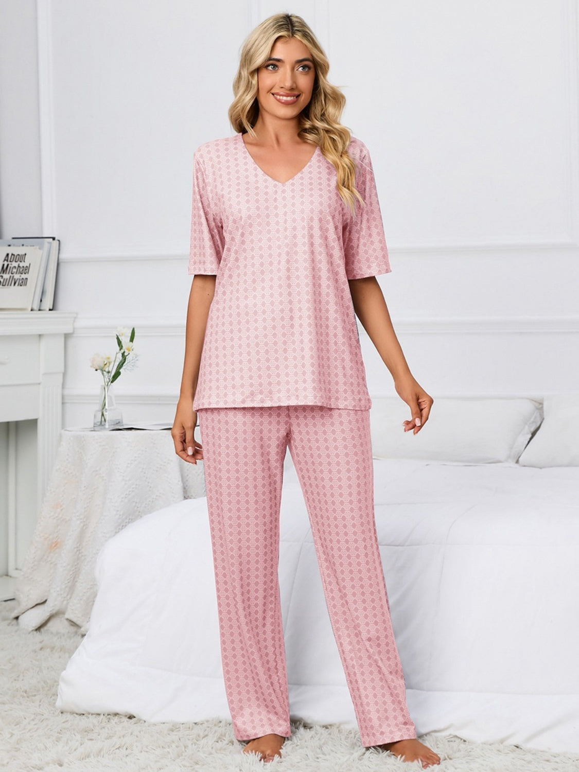 Printed V-Neck Top and Pants Lounge Set - Babbazon