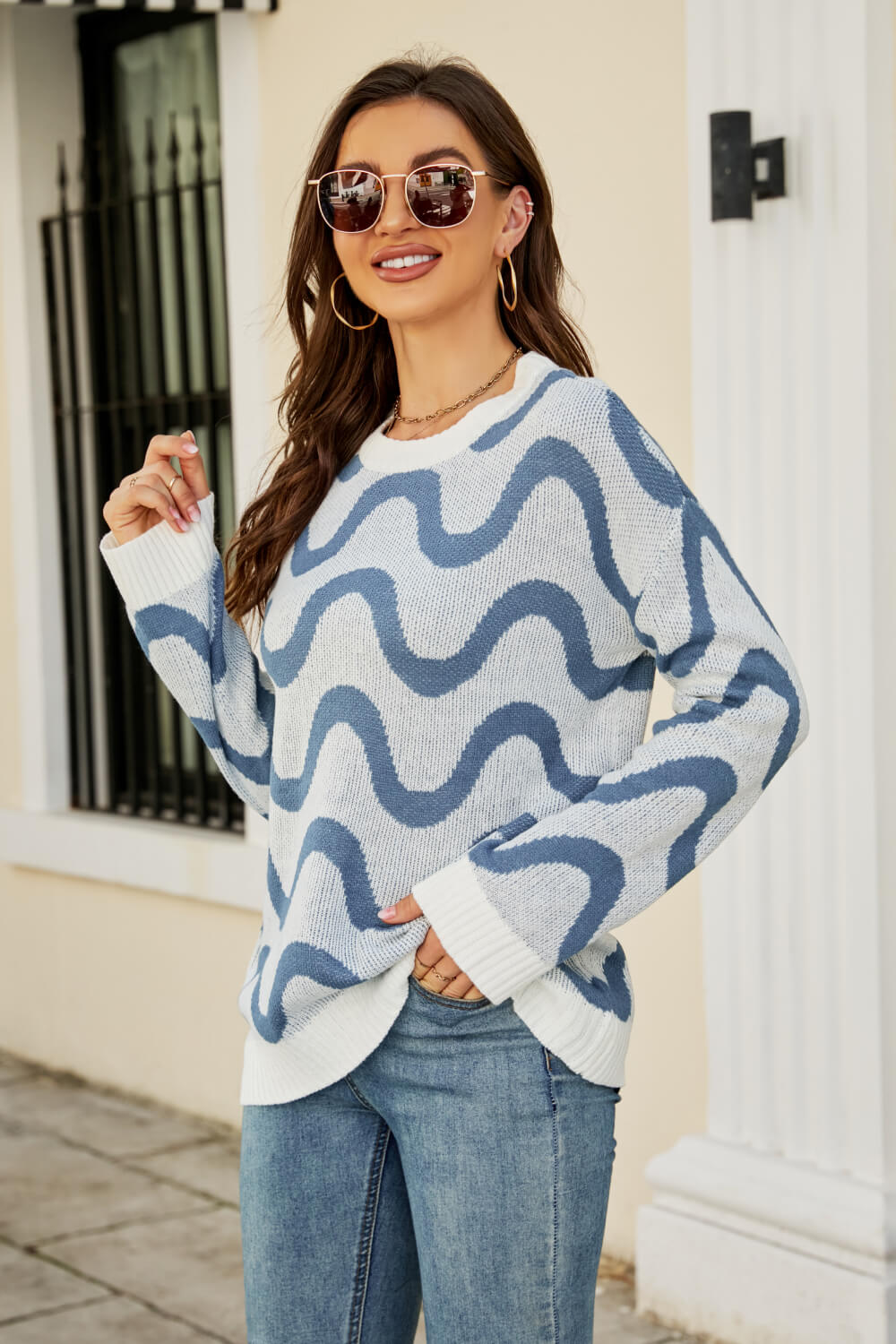 Wave Stripe Ribbed Trim Tunic Sweater