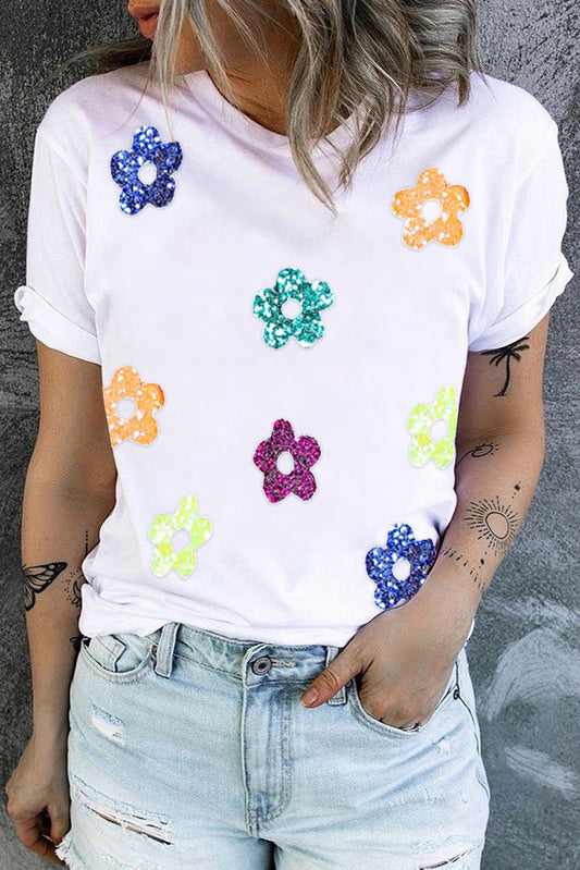 Sequin Flower Round Neck Short Sleeve T-Shirt - Babbazon t-shirt