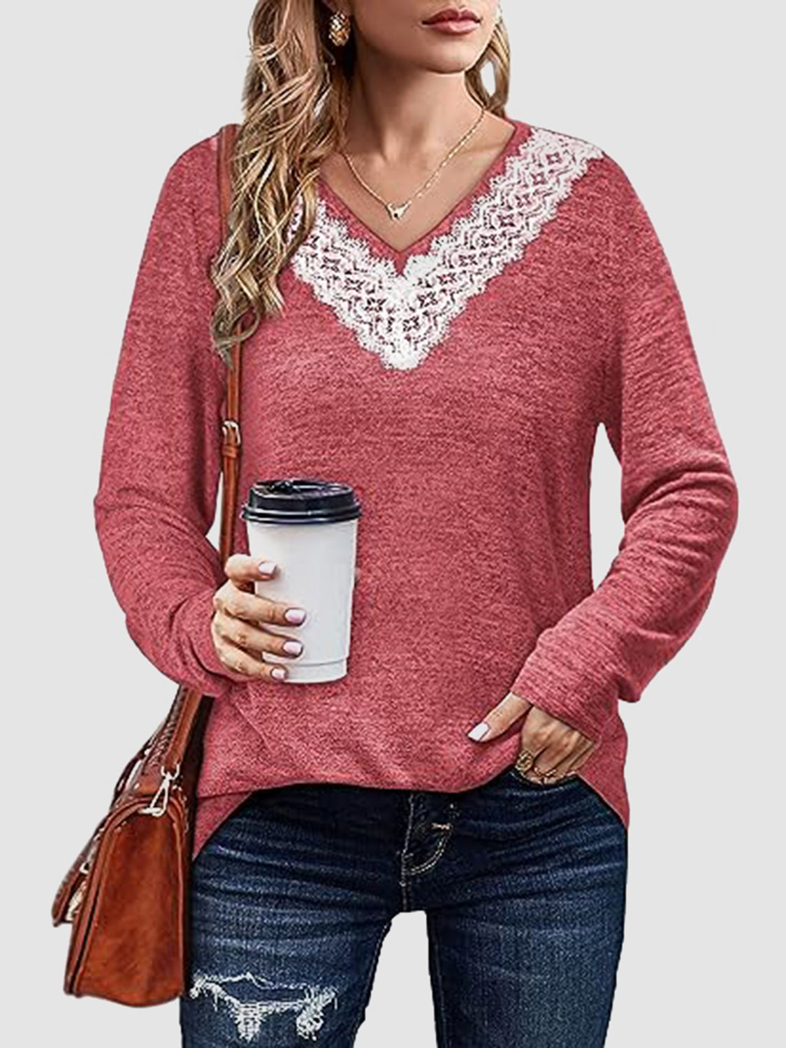 Lace Detail V-Neck Long Sleeve Top