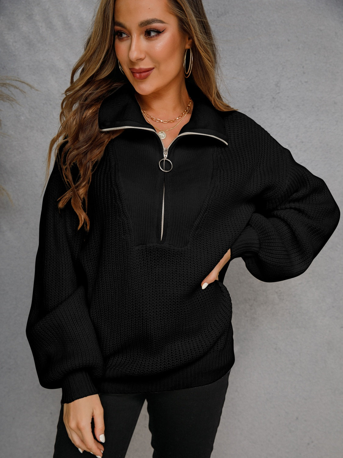 Half Zip Dropped Shoulder Sweater 