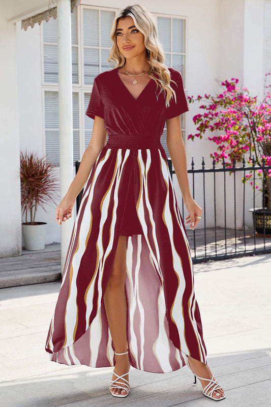 Smocked High-Low Printed Surplice Dress - Babbazon Maxi Dress