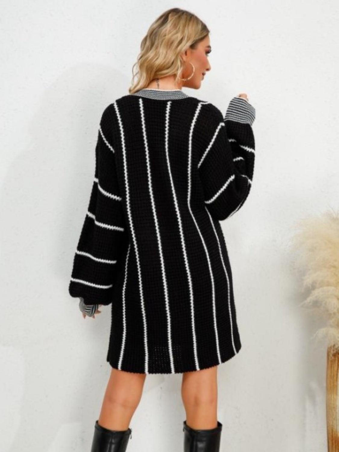 Striped V-Neck Long Sleeve Mini Dress 