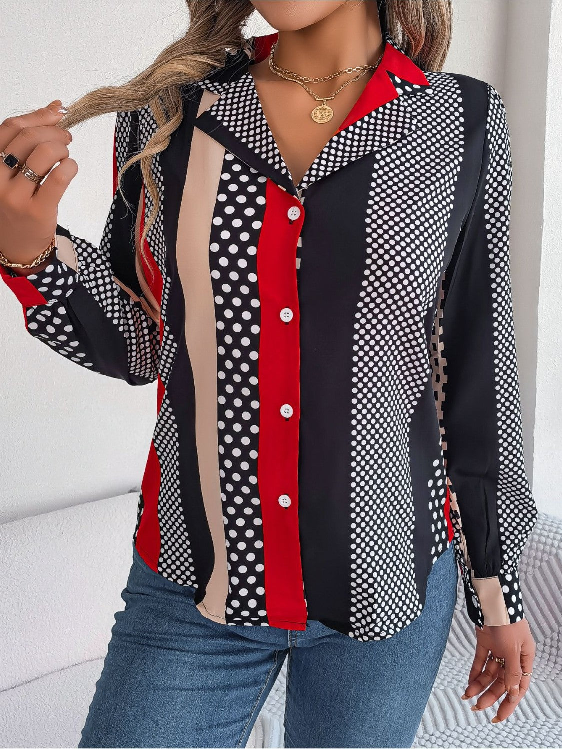 Polka Dot Contrast Long Sleeve Shirt 