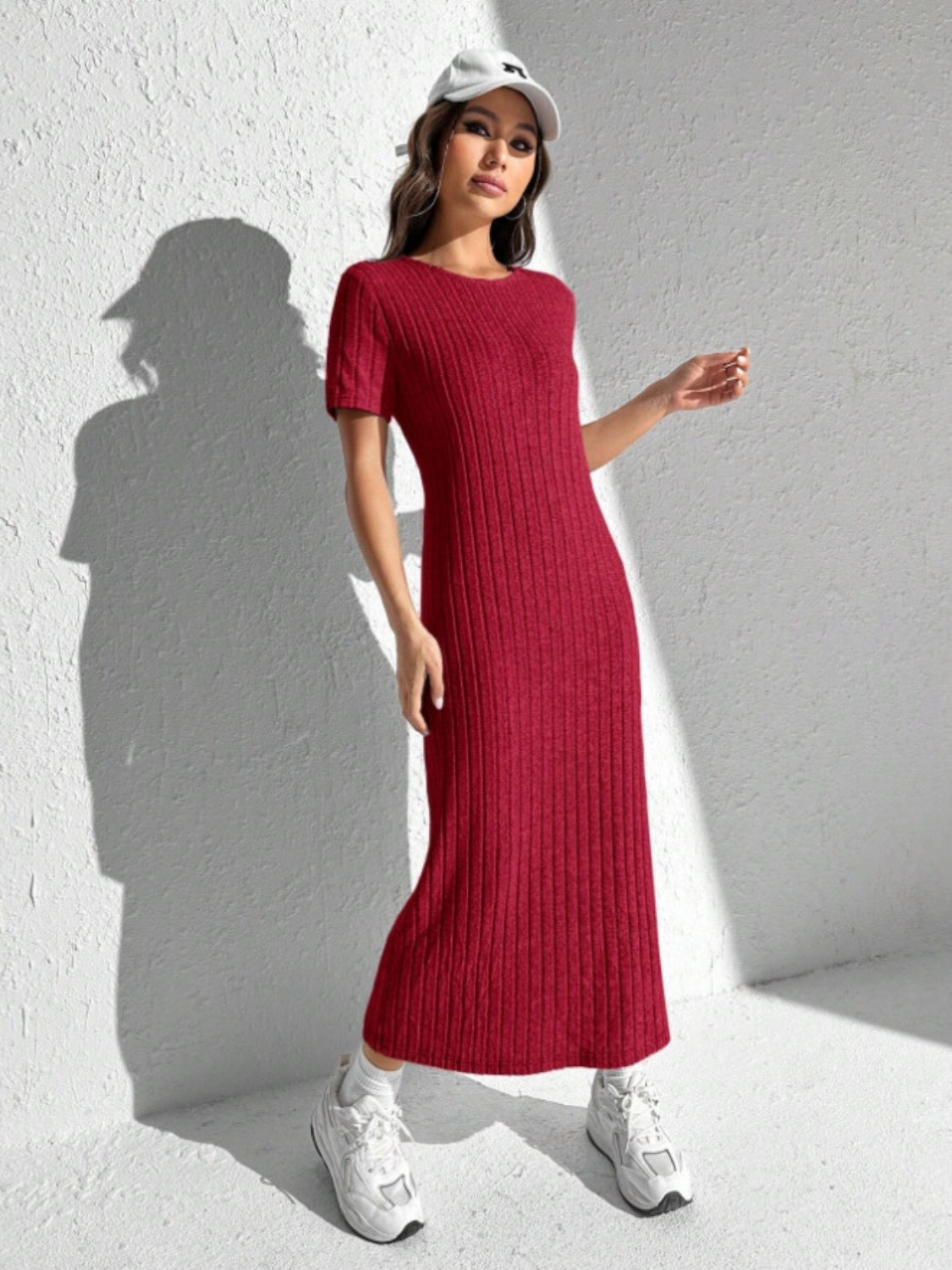 Slit Round Neck Short Sleeve Sweater Dress 