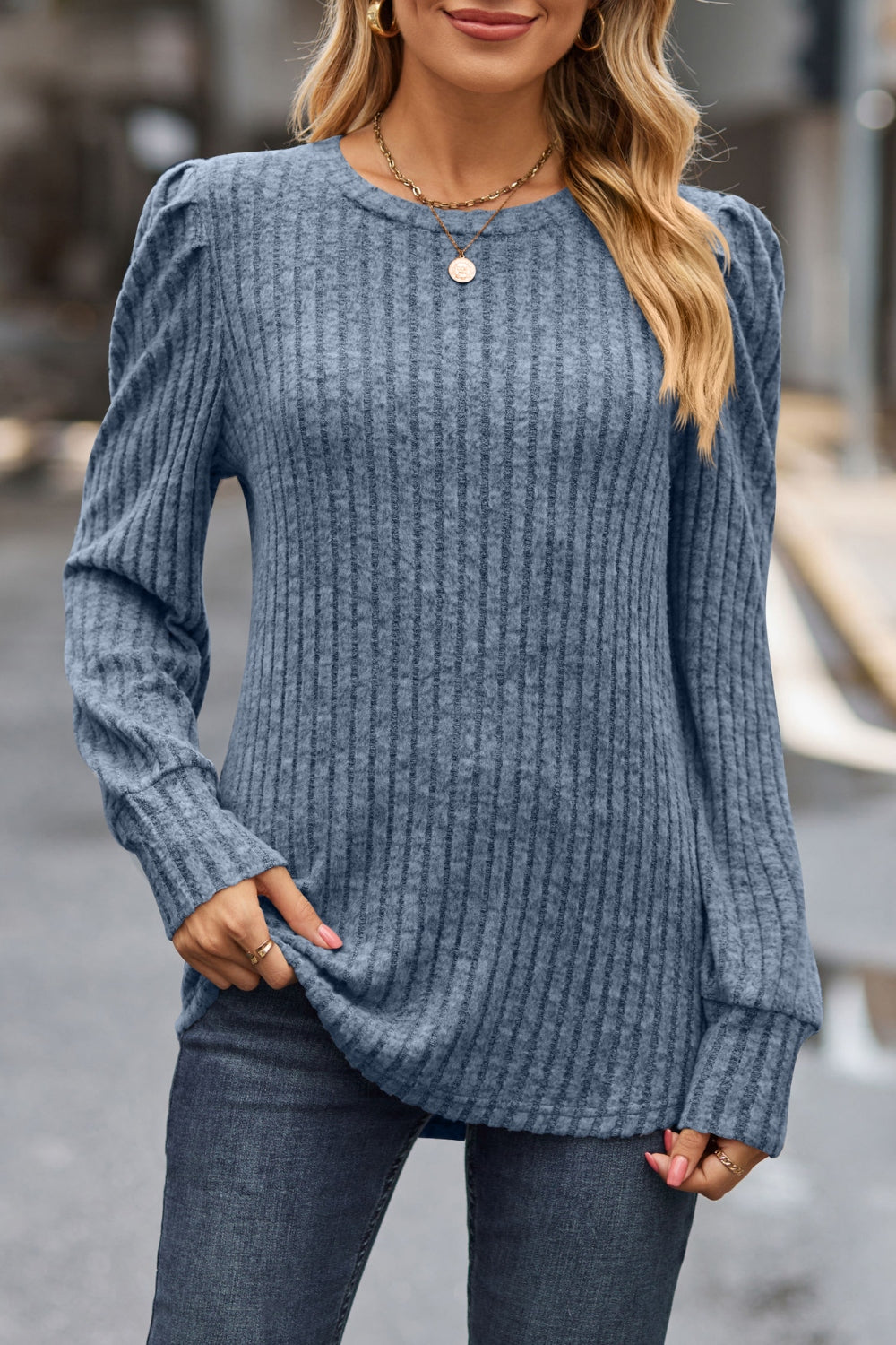 Ribbed Round Neck Long Sleeve Knit Top 