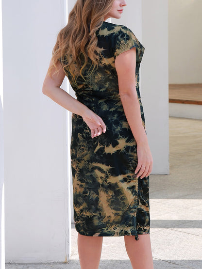 Plus Size Tie-Dye Round Neck Cap Sleeve Dress 