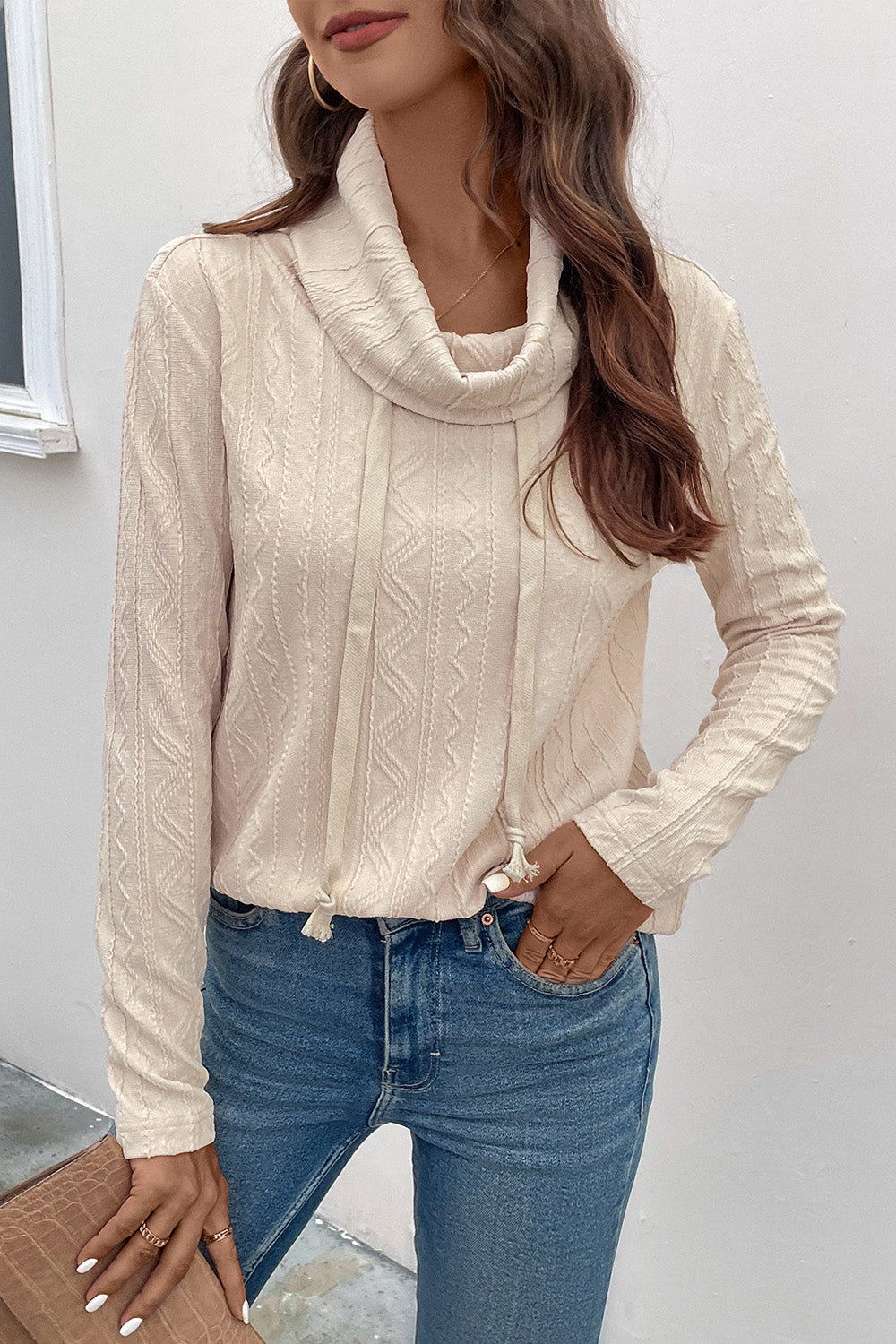 Tied Mock Neck Long Sleeve Knit Top 