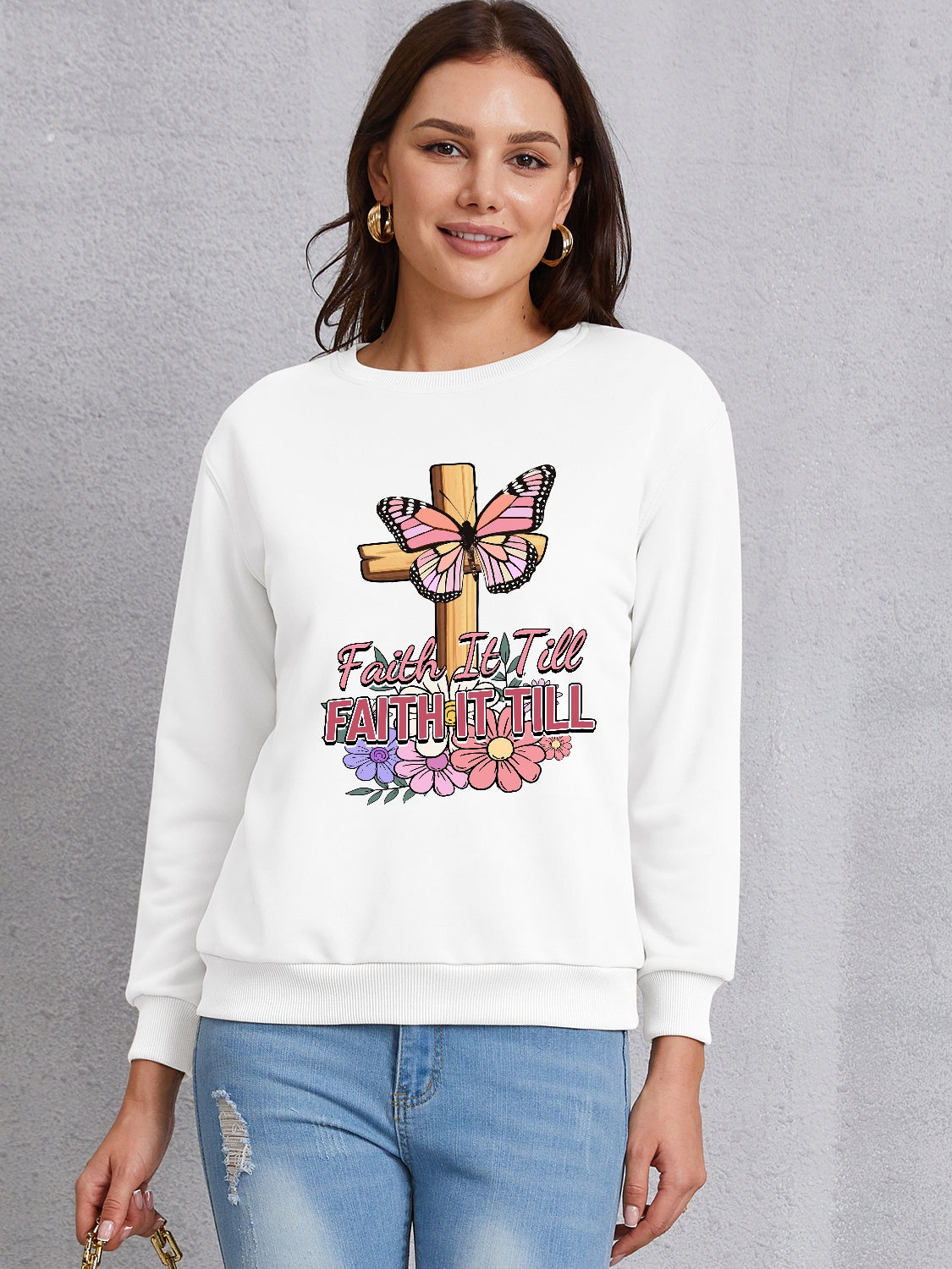 FAITH IT TILL Round Neck Dropped Shoulder Sweatshirt 