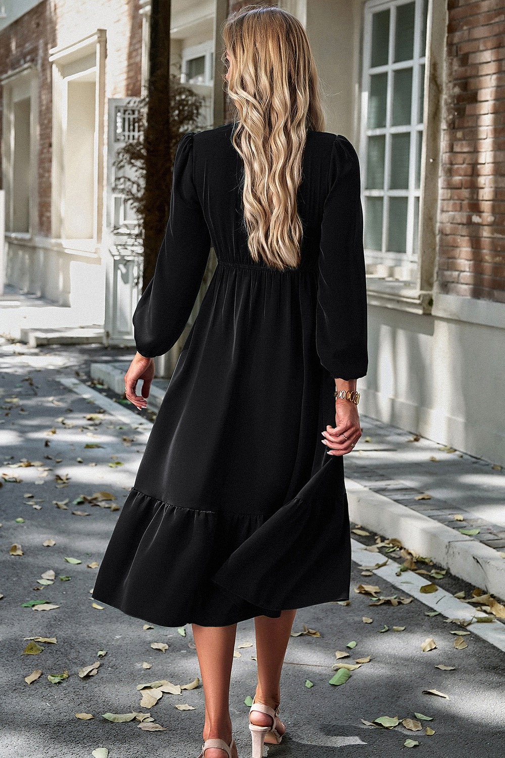 Smocked Surplice Long Sleeve Midi Dress 