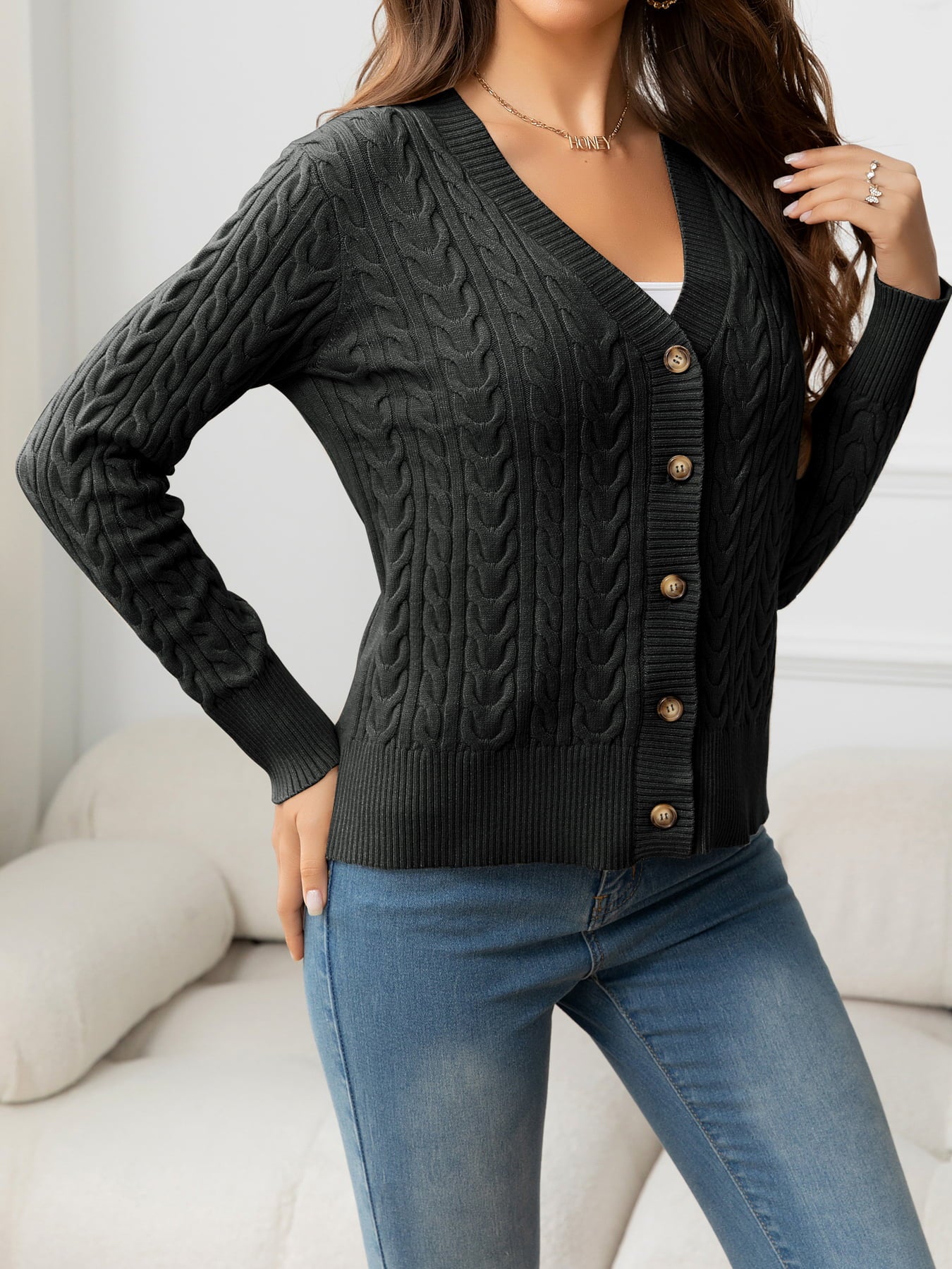 V-Neck Long Sleeve Cable-Knit Buttoned Knit Top 