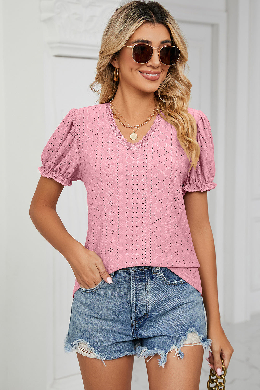 Eyelet V-Neck Short Sleeve Top 