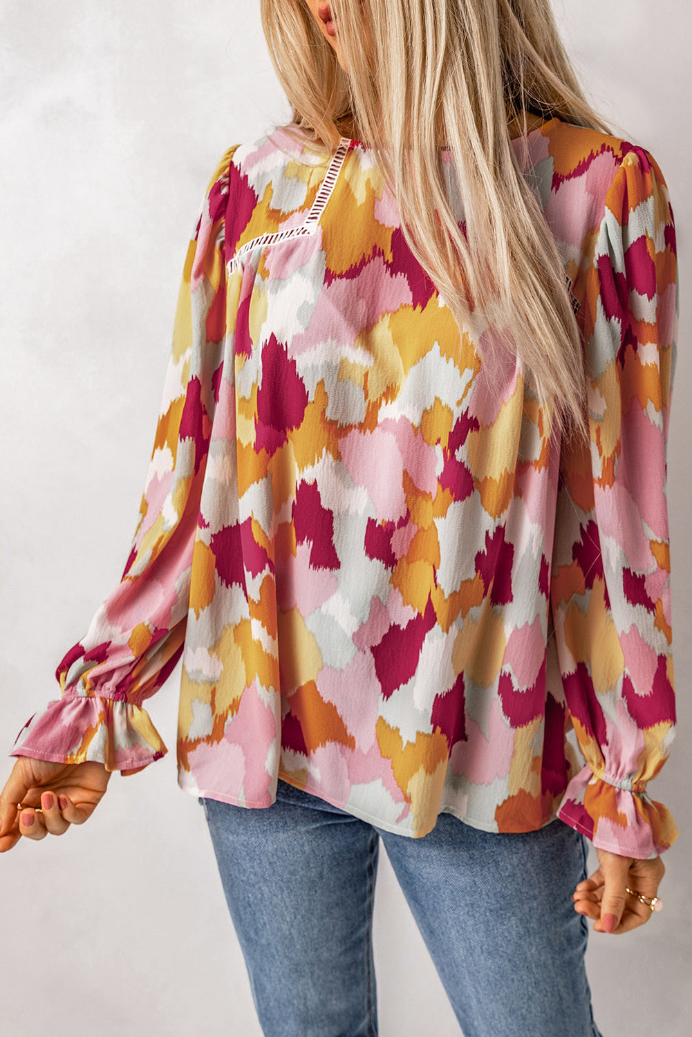 Printed Flounce Sleeve Buttoned Blouse - Babbazon blouse