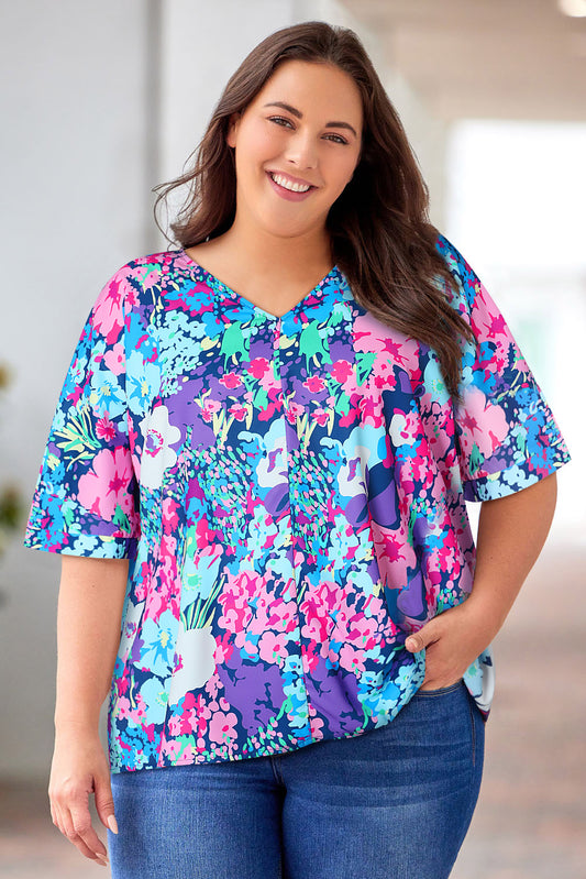 Floral Center Seam V-Neck Blouse 