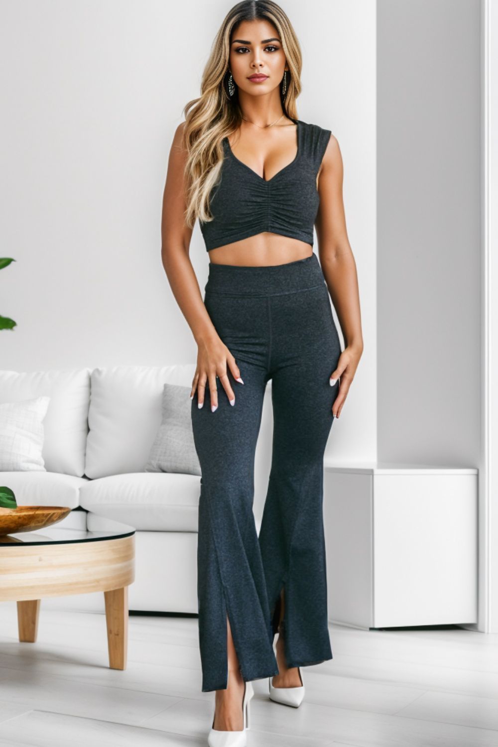 Ruched Cutout Tank and Slit Pants Set 