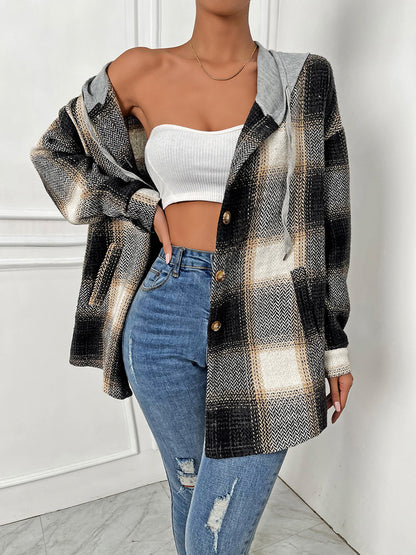 Plaid Drawstring Hooded Jacket 