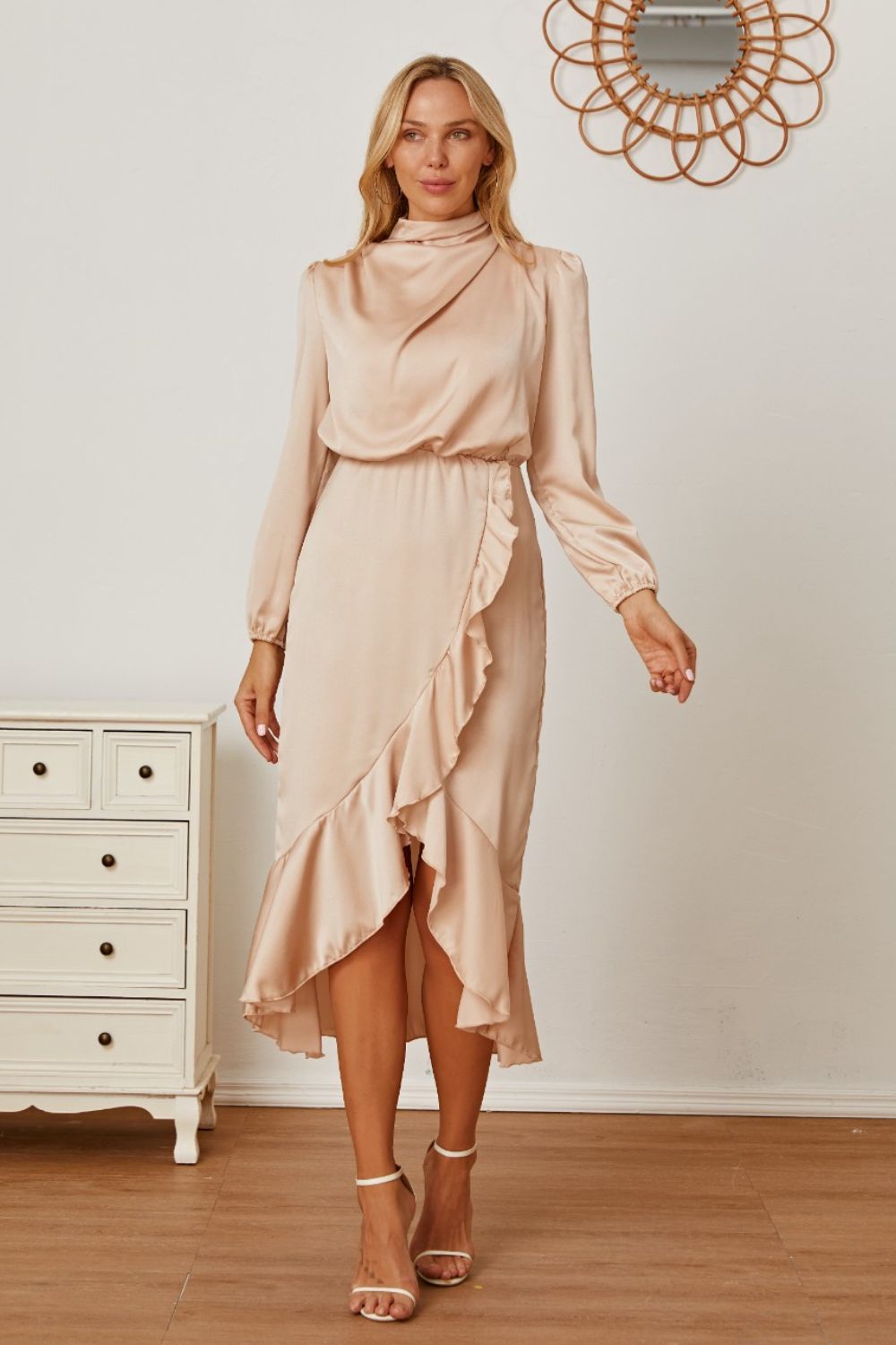 Mock Neck Ruffled Asymmetrical Dress - Babbazon Midi Dress