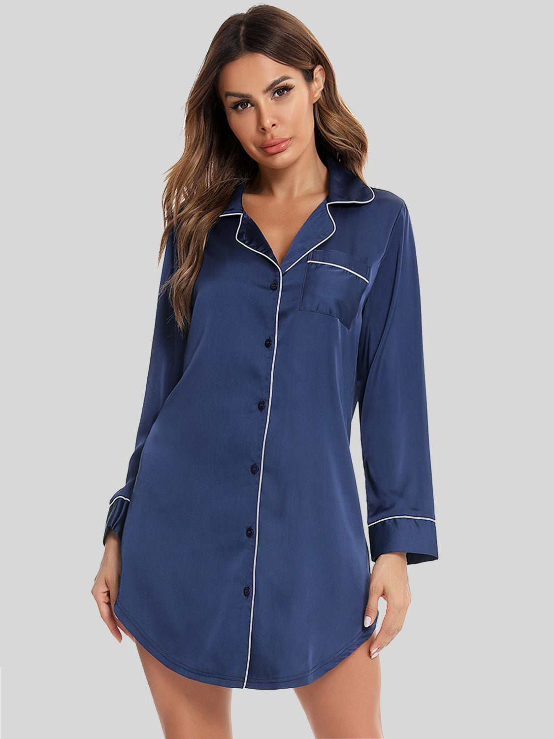 Button Up Lapel Collar Night Dress with Pocket 