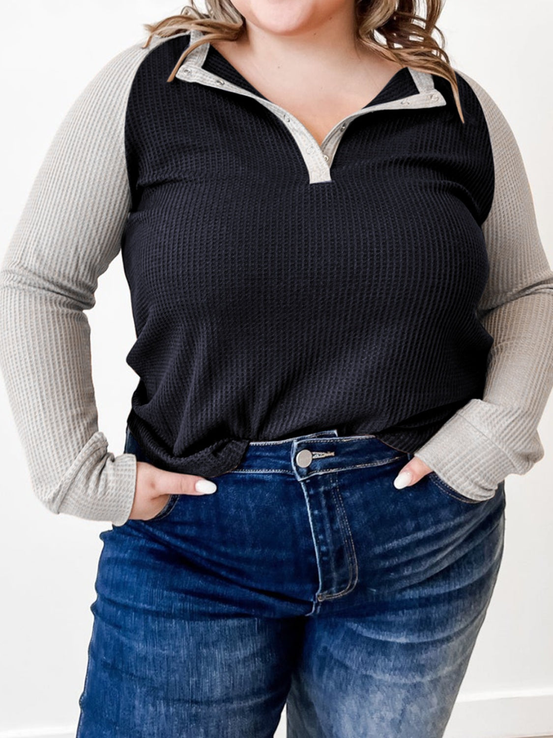 Plus Size Waffle-Knit Half Snap Long Sleeve Shirt 