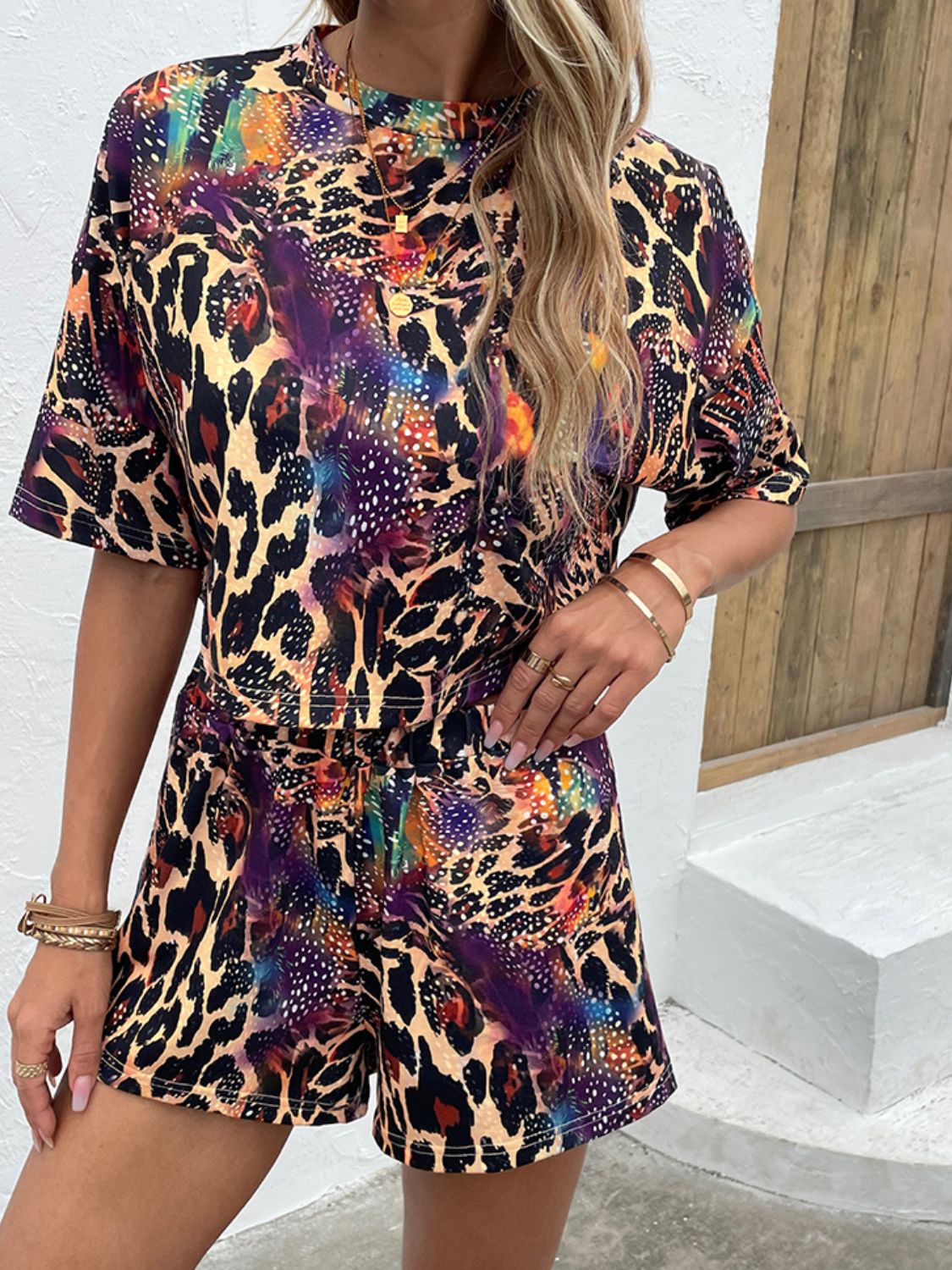 Printed Round Neck Dropped Shoulder Half Sleeve Top and Shorts Set 