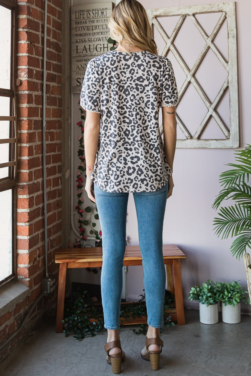 Heimish Leopard Round Neck Petal Sleeve T-Shirt 