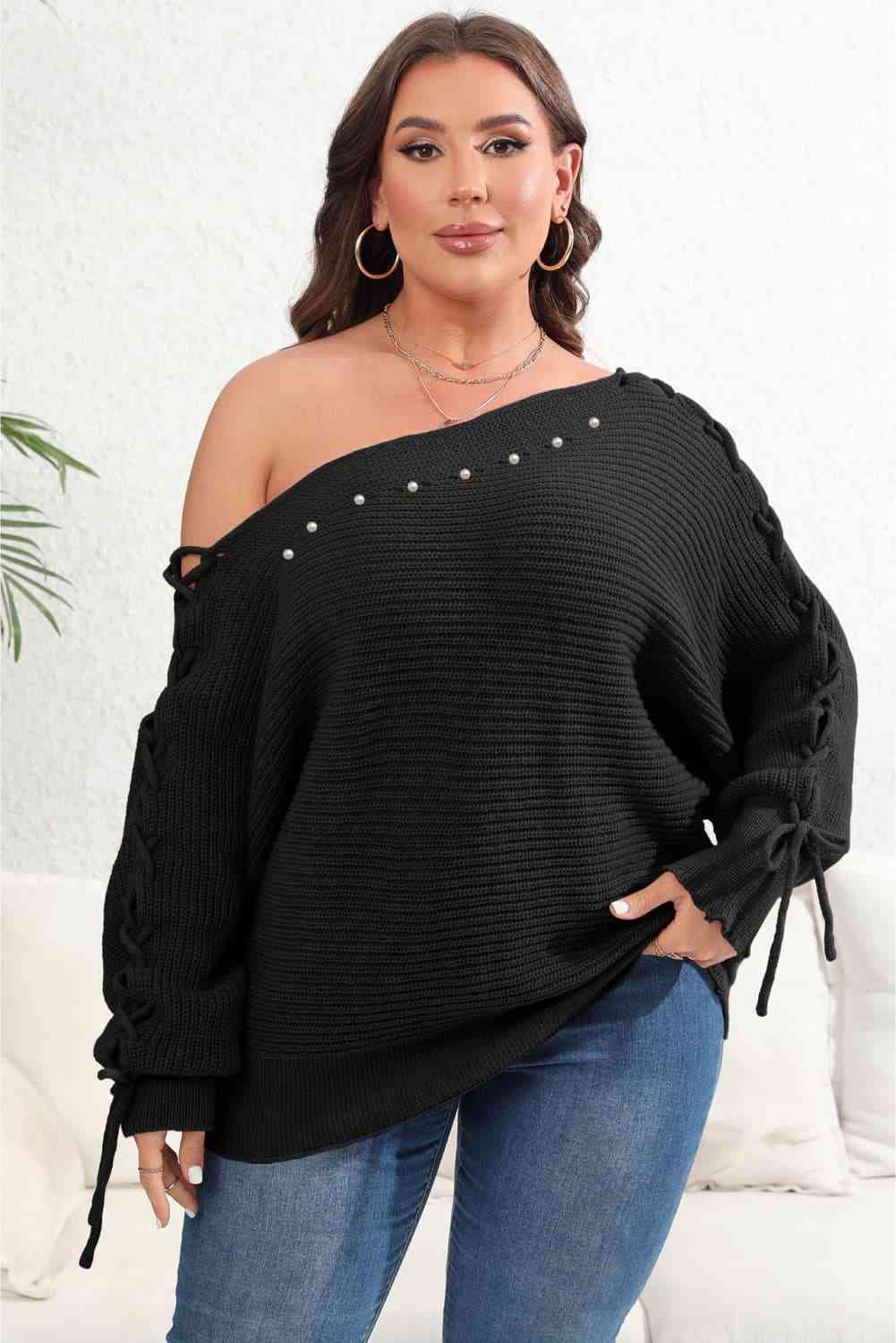 Plus Size One Shoulder Beaded Sweater 