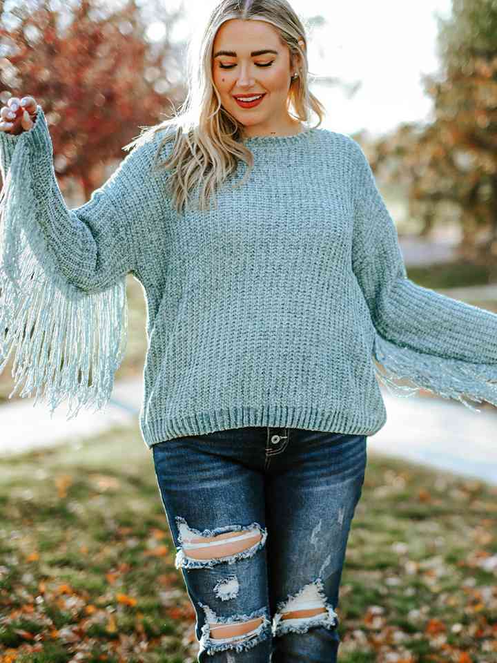 Plus Size Round Neck Long Sleeve Fringe Detail Sweater 