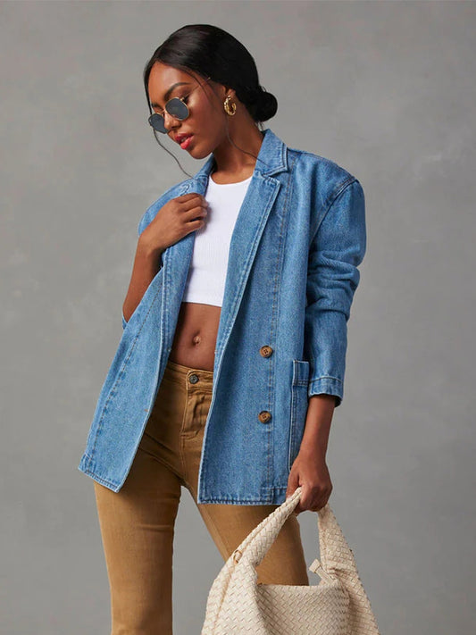 Collared Neck Long Sleeve Denim Jacket - Babbazon Jacket