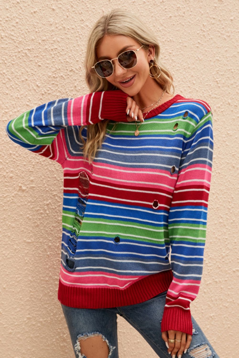 Striped Distressed Cutout Round Neck Sweater 