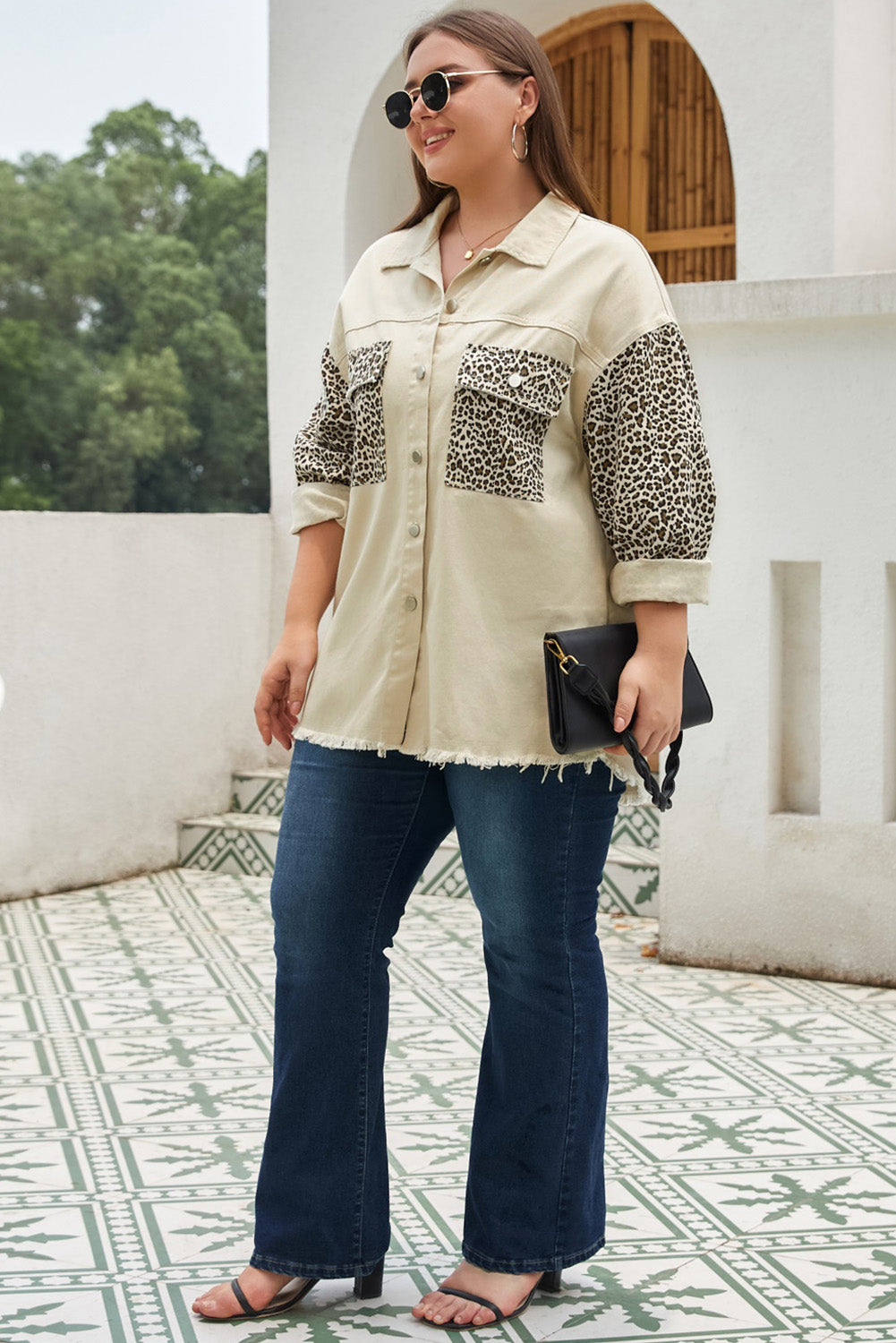 Plus Size Leopard Button Up Raw Hem Denim Jacket 