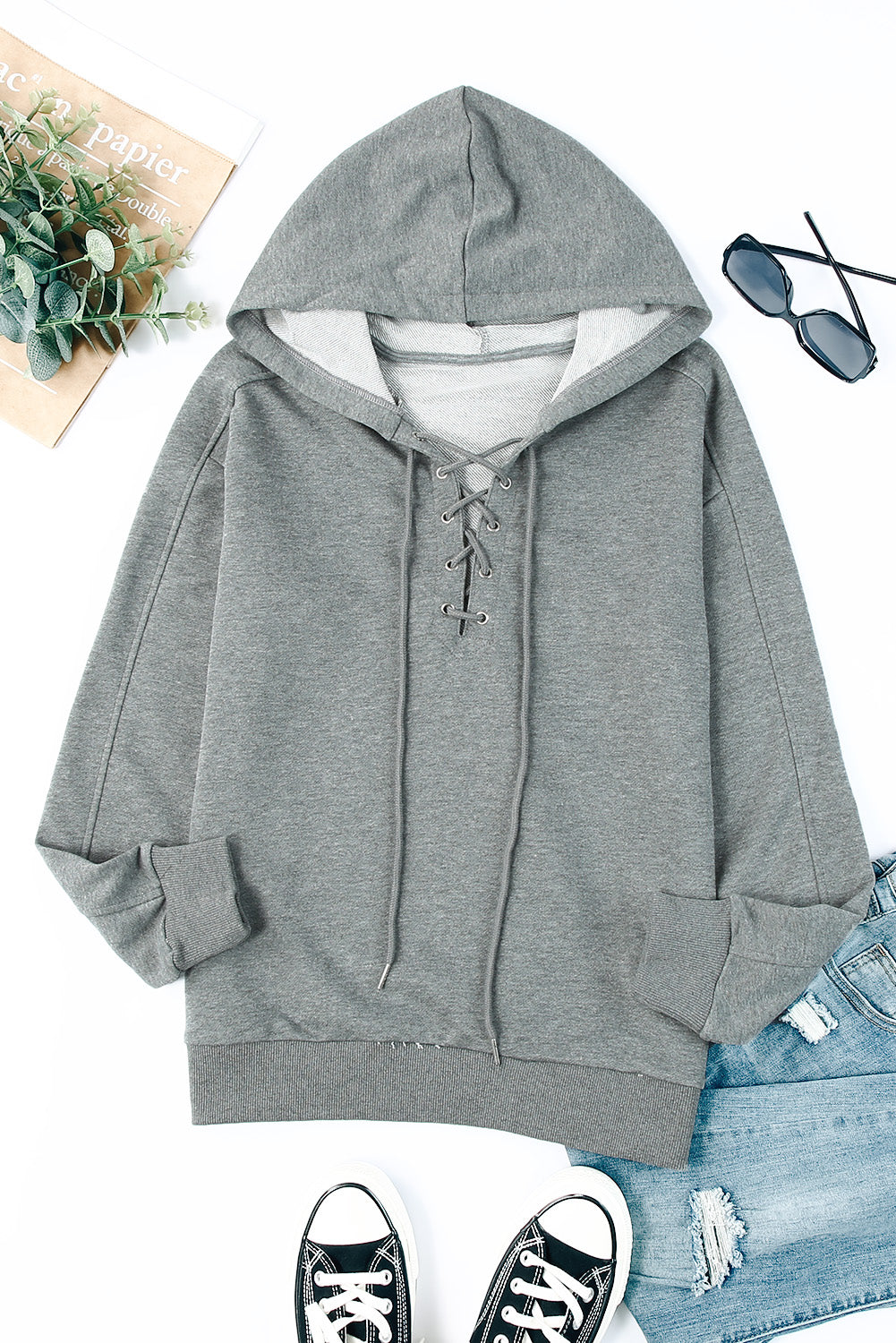 Lace-Up Dropped Shoulder Hoodie - Babbazon sweatshirt