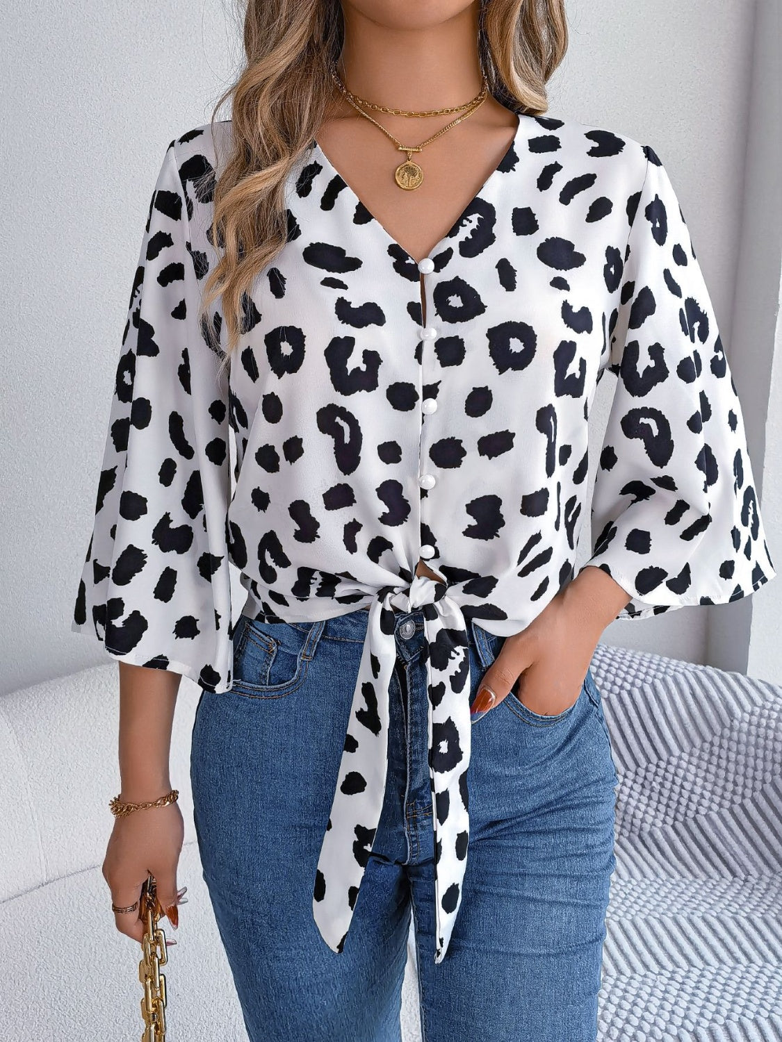 Tied Button Up Leopard V-Neck Blouse 