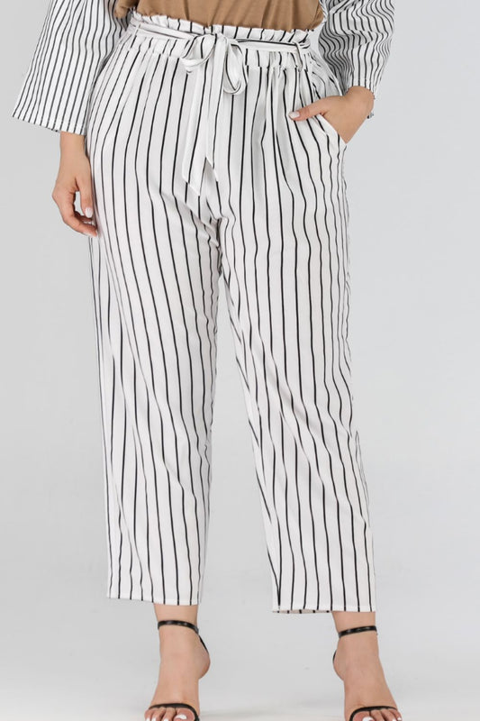 Full Size Striped Paperbag Waist Cropped Pants 